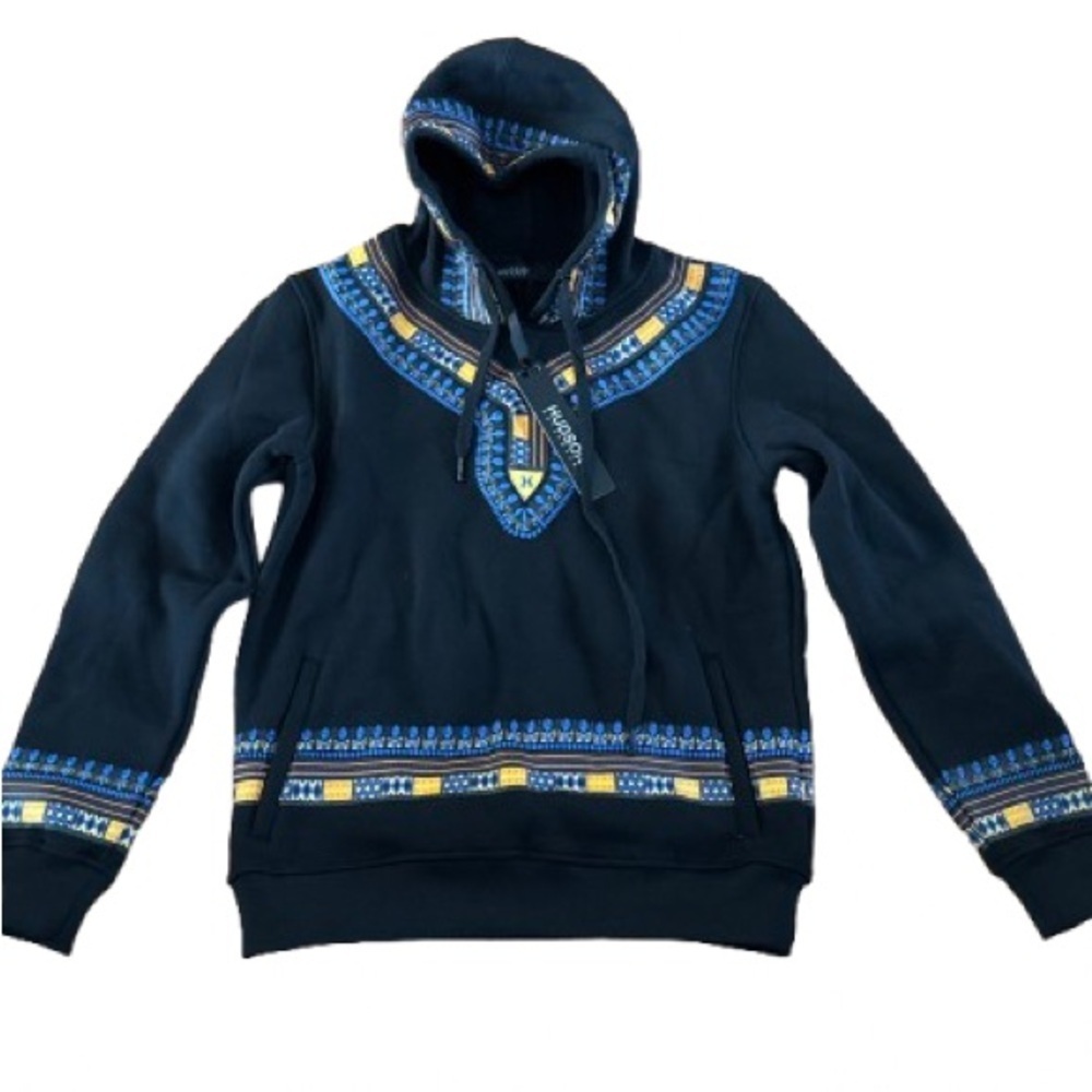 Stylish Black and Blue Men's Hoodie with Yellow tribal Accents Small